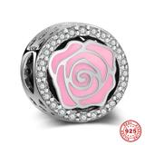 Pink Rose 925 Sterling Silver European Beads S042 VNISTAR Silver Flower Animal Charms