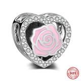 Pink Rose Heart 925 Sterling Silver European Beads S043 VNISTAR Silver Flower Animal Charms