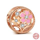 Flower Rose Gold Plated 925 Sterling Silver European Charm S054R VNISTAR Silver Flower Animal Charms